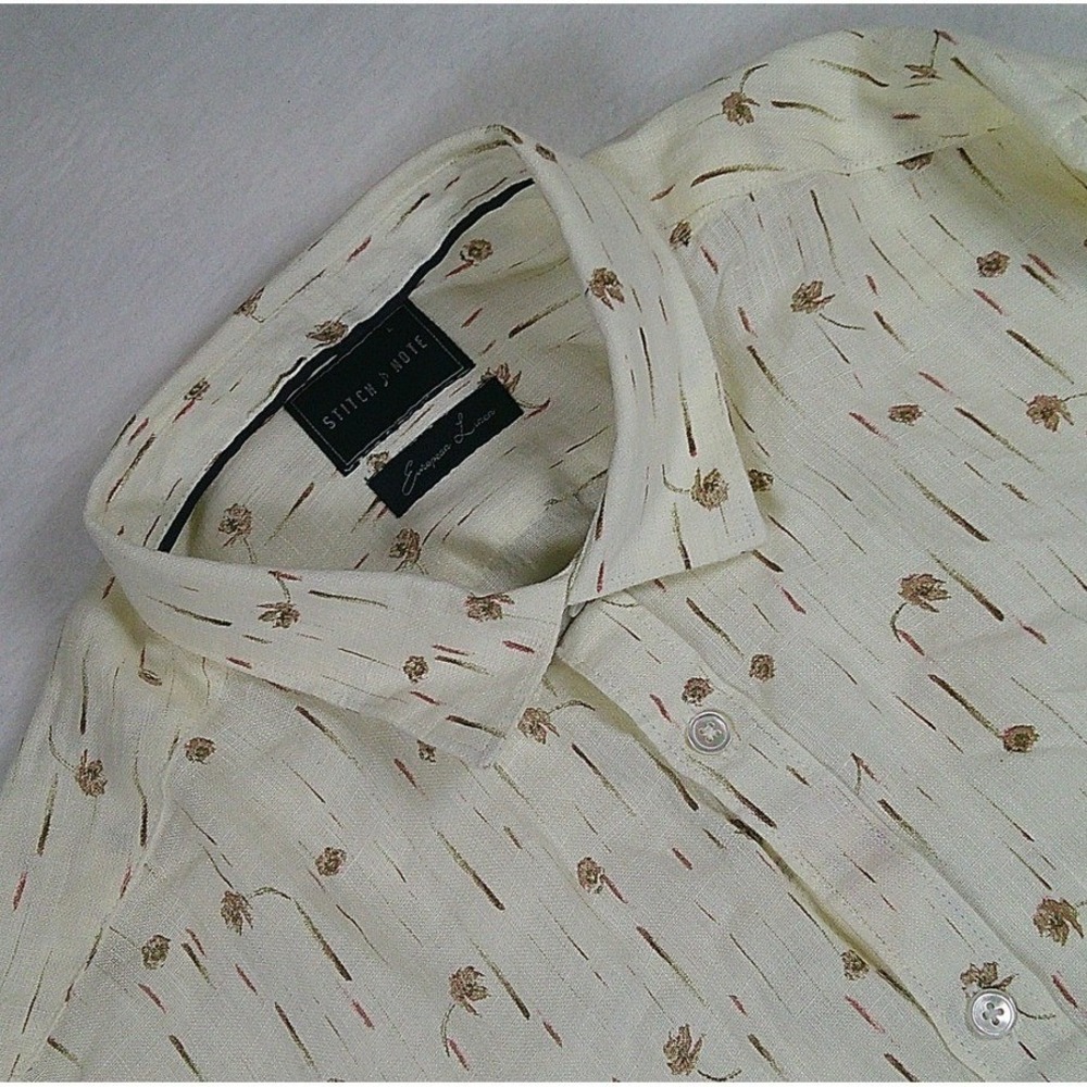 Stitch Note Mens Cream European Linen Floral Stripe Long Sleeve Button Down L‎